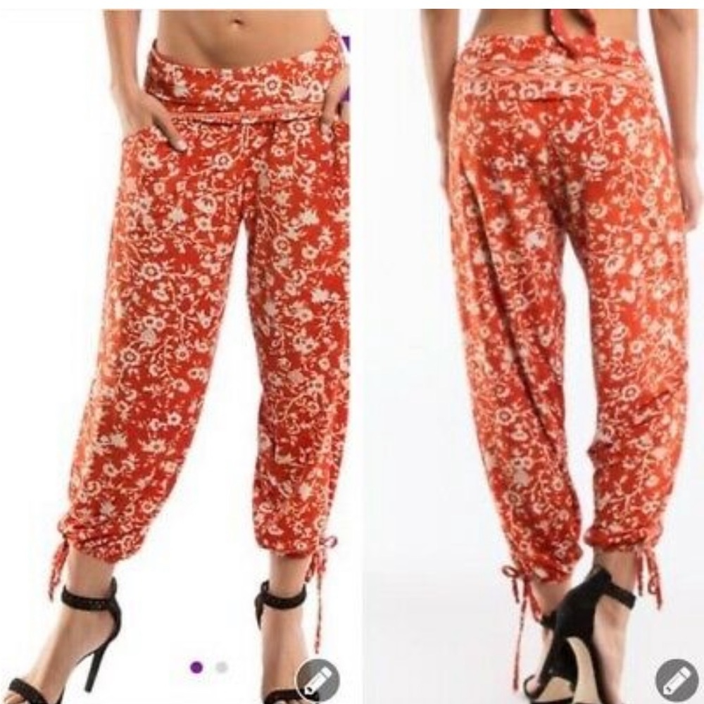 Robin Piccone Large Paprika Cream Ikat Floral Tie Hem High Waist Pants